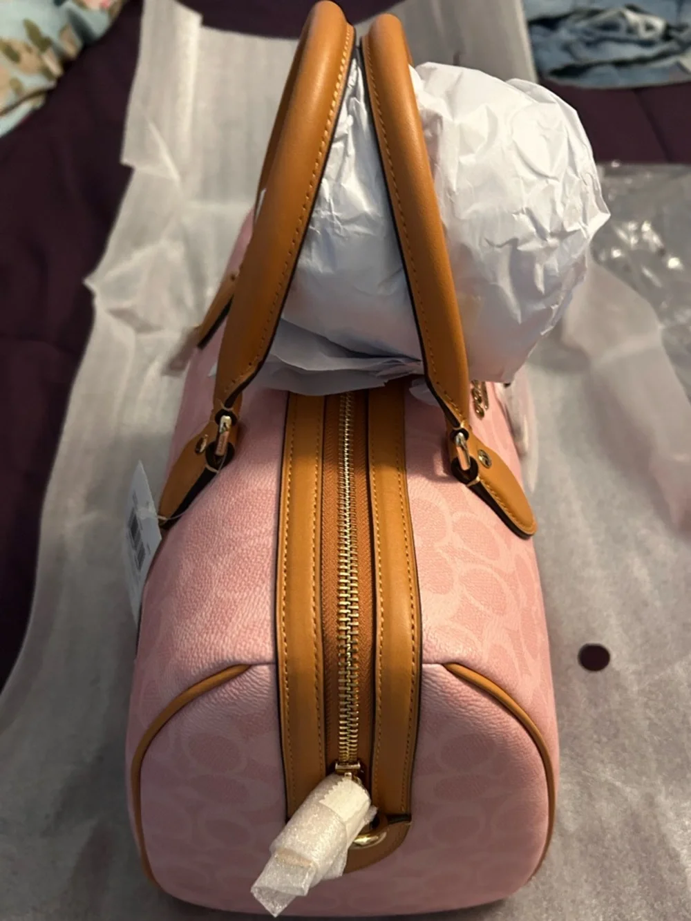 Coach Powder Pink Signature Rowan Satchel with Tan Handles and Gold Hardware - Picture 3 of 5